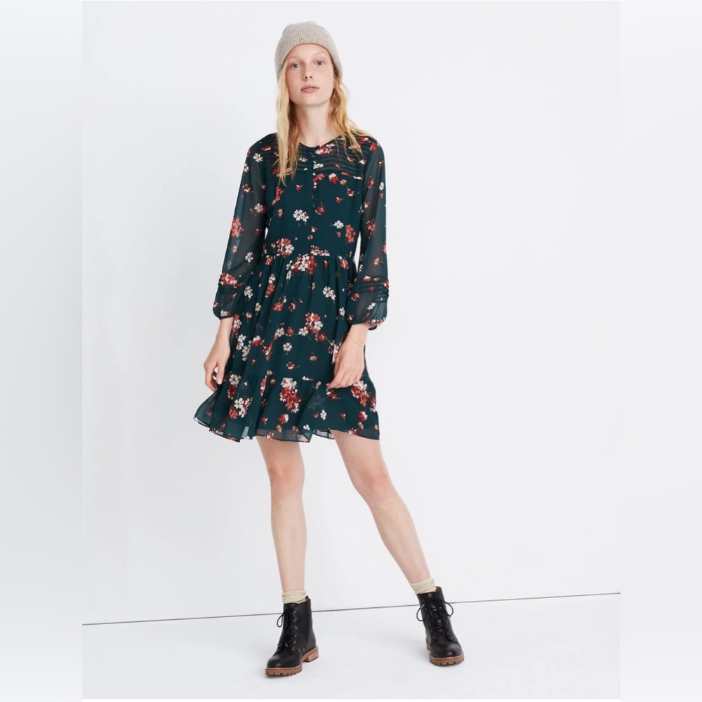 Madewell sheer sleeve pintuck ruffle dress spruce bloom